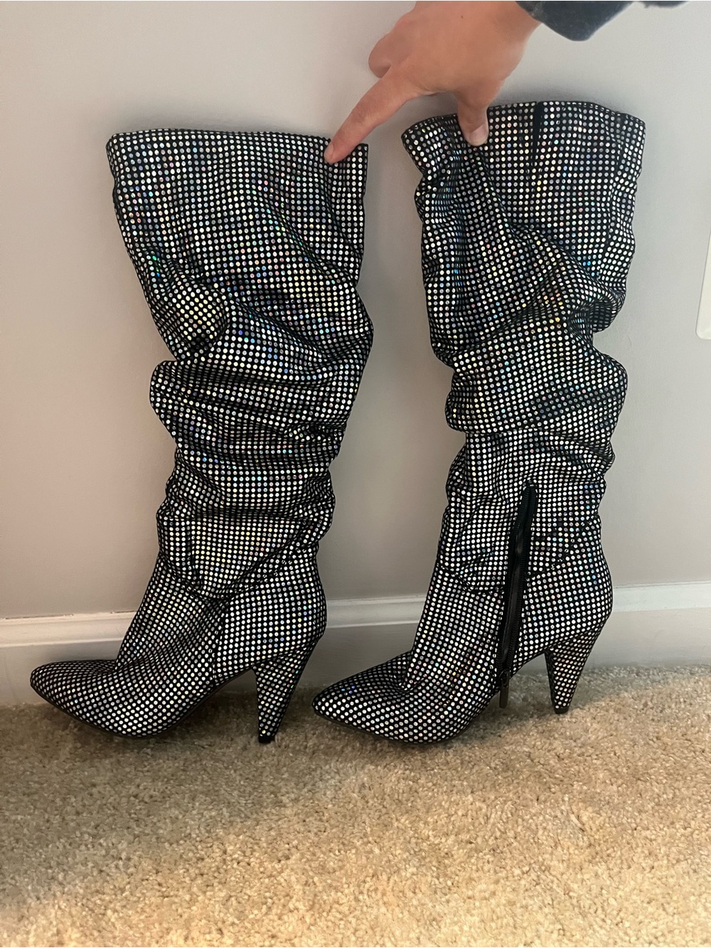 7.5 Black Sparkle Slouch Heeled Boots